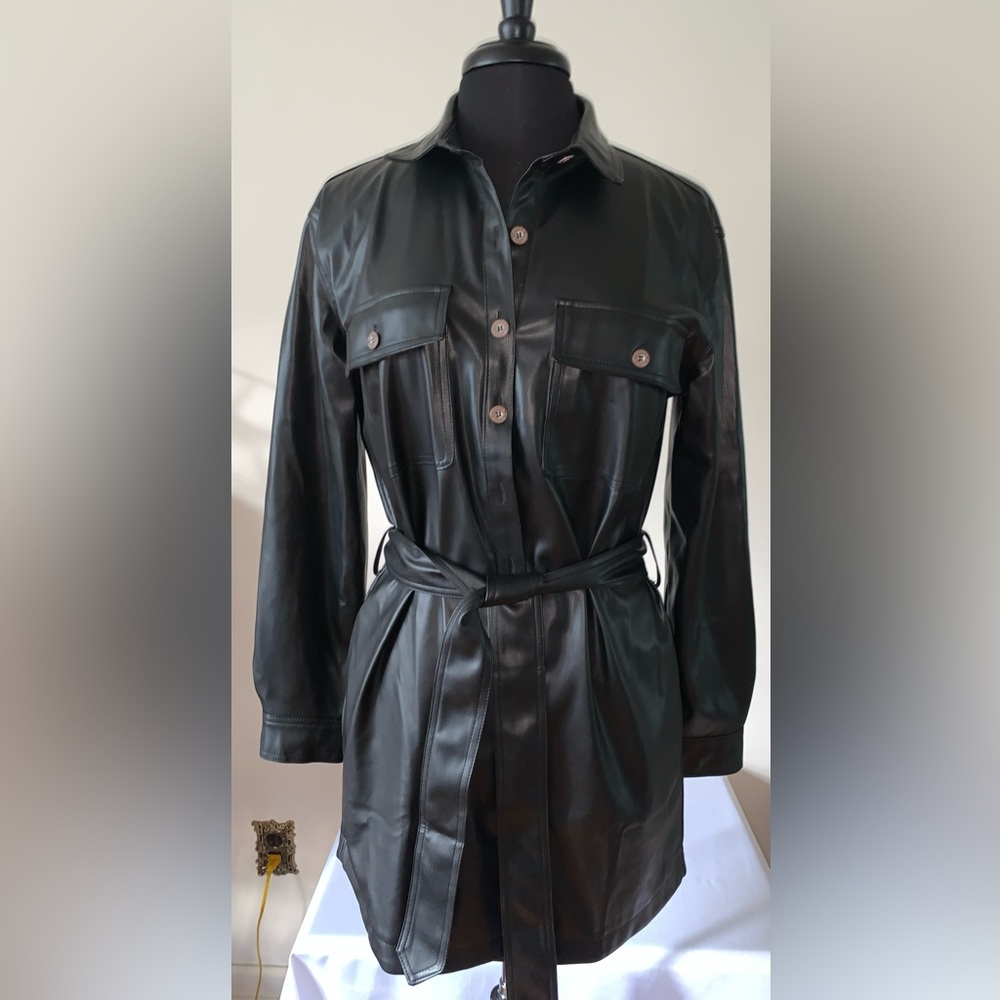 Jessica Simpson Black Leather Belted Shirt Dress Size M